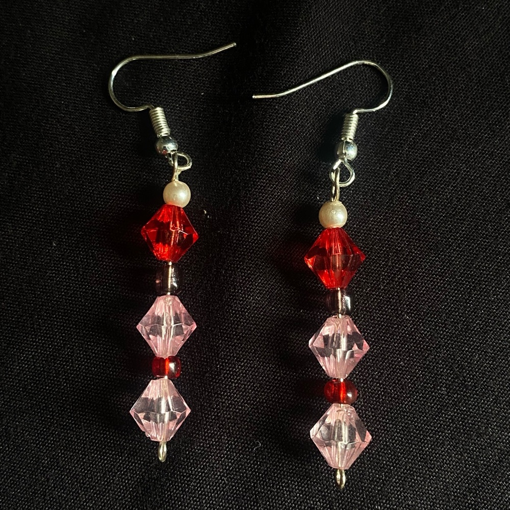 Red Pink Crystal Ruby Pearl Valentines Day Dangle Earrings
